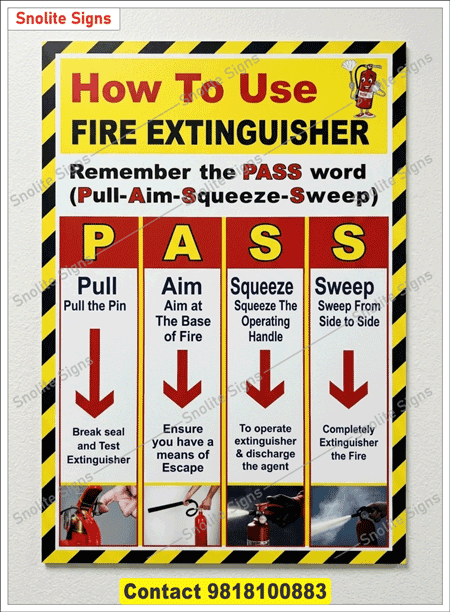How to Use Fire Extinguisher Poster & Sign Board in English in Hindi, Remember the Pass Word Fire Safety Sign, Pull Aim Squeeze Sweep Instruction Chart, Sun board Fire Extinguisher Operating Charts