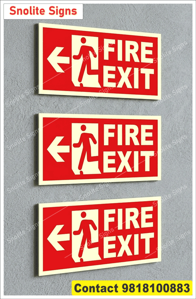 Auto Glow Red Fire Exit Sign With Left Arrow, Red and White Emergency Exit Signage, Running Man Fire Exit Sticker, Commercial Fire Safety Sign Boards, Emergency Escape Route Direction Board, Self Adhesive Fire Exit Stickers
