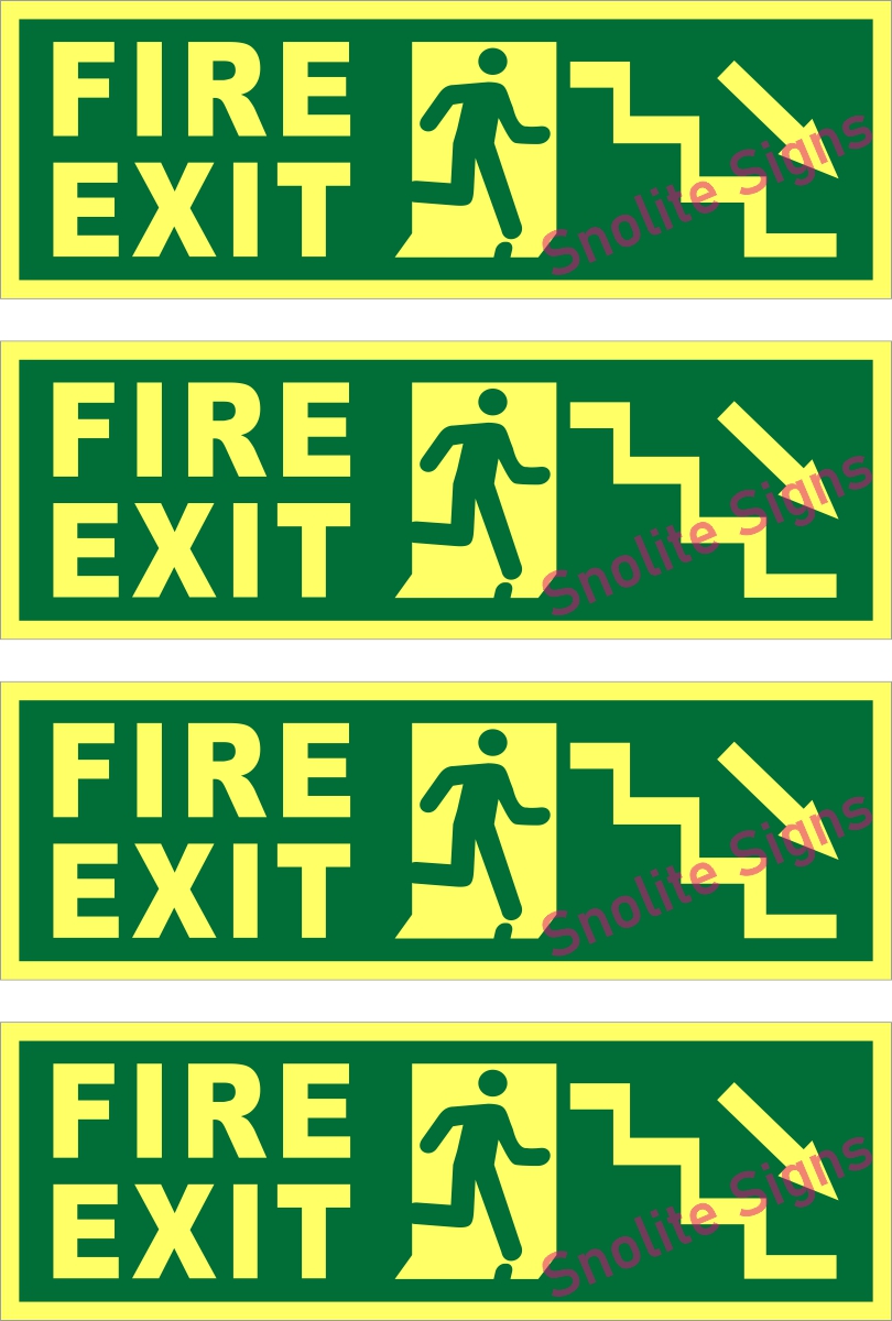 Glow Type Fire Exit Sign With Running Man and Right-Pointing Stair Arrow, Glow-In-The-Dark Running Man Directional Emergency Exit Sign for Right-Hand Stairs Auto Glow Fire Exit Sign