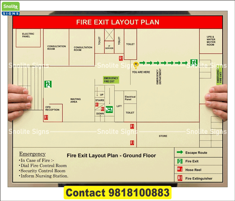 A3 Acrylic Fire Evacuation Sign Holder, Laminated A3 Emergency Exit Route Map, Photoluminescent A3 Fire Escape Plan, Glow in the Dark A3 Evacuation Diagram