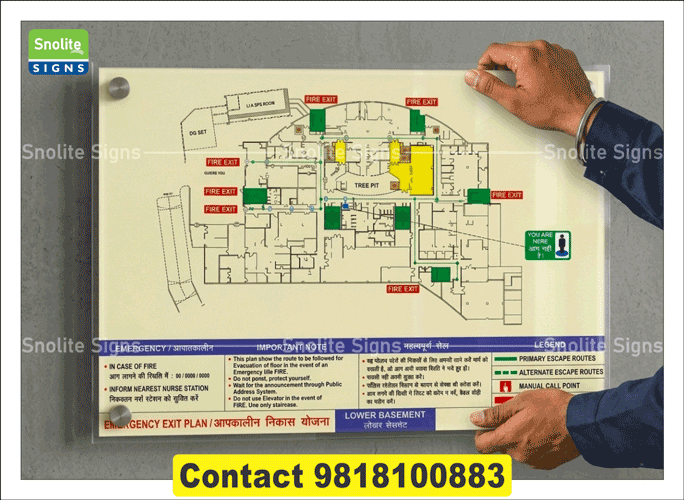 Sun board wall mounted Fire Escape Plan Drawing in Delhi NCR, Buy Fire Evacuation Plan Drawing, Buy auto glow fire evacuation in Hindi and English