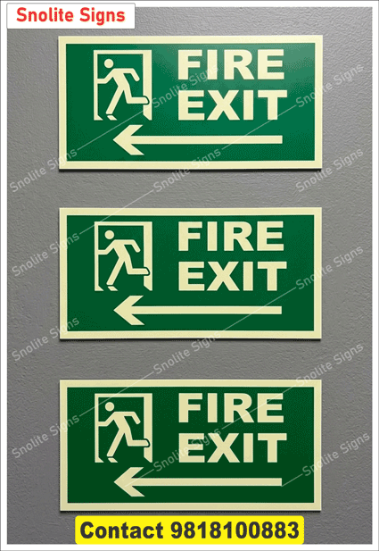 Photoluminescent Fire Exit Sign Left Arrow, Glow in the Dark Fire Exit Sign Stickers, Photoluminescent Fire Exit Signs With Left Arrow, Glow Exit Sign Board in Hindi Manufacturers & Suppliers in Delhi Ncr Size 12 X 6 Inch