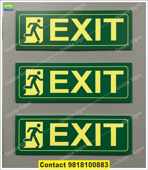 Wall Mounted Fire Exit With Arrow Sign Board Near Me, Top Fire Safety Sign Manufacturers in Delhi Near Me, Photoluminescent Exit Route Signs With Arrow and Running Man Symbols