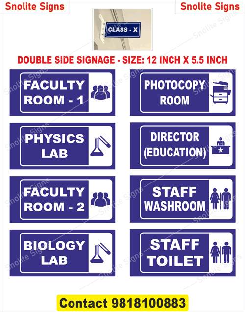Double sided faculty room sign board for schools, school director office door name plate, staff room display board for colleges, faculty room signs, Physics lab sign board, Biology laboratory name plate for school, photocopy room sign board