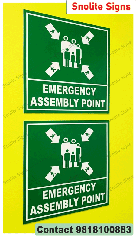 Buy Emergency Assembly Point Signs for Office, Radium Assembly Point Signage for Factory, Purchase Green Emergency Assembly Point Sign Board, Order Now OSHA Compliant Assembly Point Signage, Rigid Plastic Fire Assembly Point Sign Board Manufacture