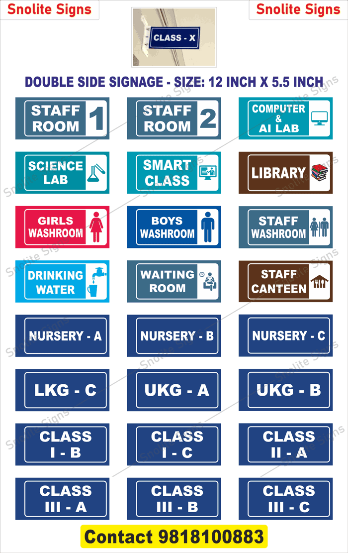 School Vinyl Glow Sign Board Manufacturers, Designs Both Side Signage, Metal Name Plates for Classroom, Classroom Name Plates, Classroom Single Sided Name Plates, Name Plates for Schools Colleges, Name Plate for Office, Classroom Name Plates