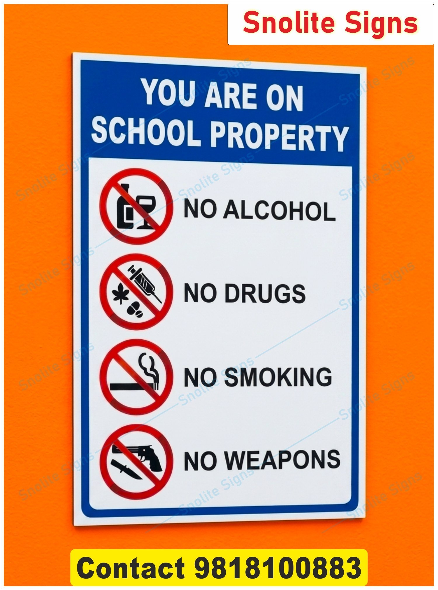 School Property Sign, No Smoking, No Drugs, No Alcohol, No Weapons, Aluminum Security Sign, Campus Warning Placard, Printable School Zone Warning Sign, Campus Rules Poster, School Property Safety Notice Graphic