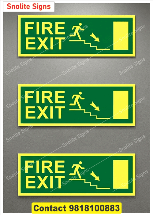 Night Glow Vinyl Type Fire Exit Sign With Running Man Going Down Stairs Right, Buy Emergency Staircase Fire Exit Sign Boards Online, Fire Safety Sign Board Manufacturers in Delhi Ncr, Auto Glow Led Fire Exit Signage