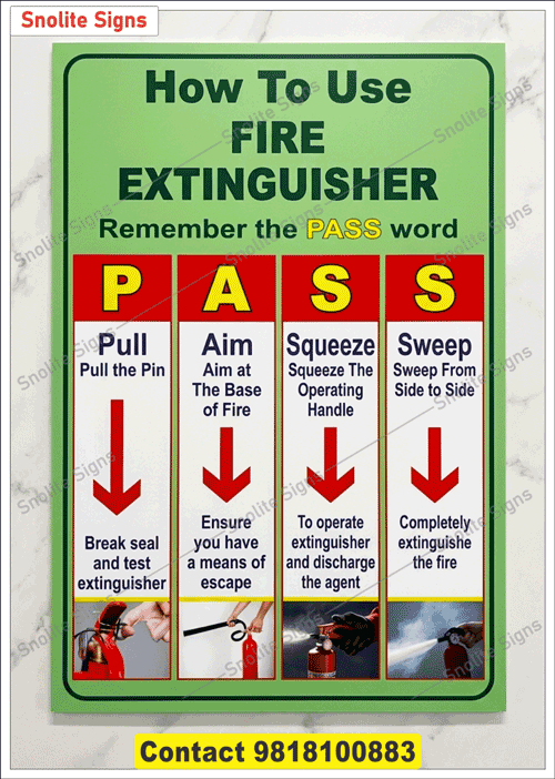 Pass Method Fire Safety Sign Board With Pictures, How to Use a Fire Extinguisher: The Pass Method Explained (With Signs), Pass Method Fire Extinguisher Operating Instructions Sign Board Available in Delhi NCR