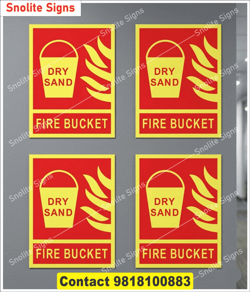 Dry sand fire bucket sign board online purchase, Red and yellow fire sand bucket location stickers, Industrial fire bucket identification signs for warehouses, Pack of 4 vinyl fire sand bucket decals, High visibility emergency fire bucket wall label