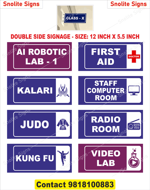 Double Sided School Signs, School Signage Manufacturers Online, Custom School Signs Price, Order Classroom Nameplates, AI Robotics Lab Door Sign, First Aid Room Signage, School Computer Lab Sign, Martial Arts Room Sign, School Video Lab Plate