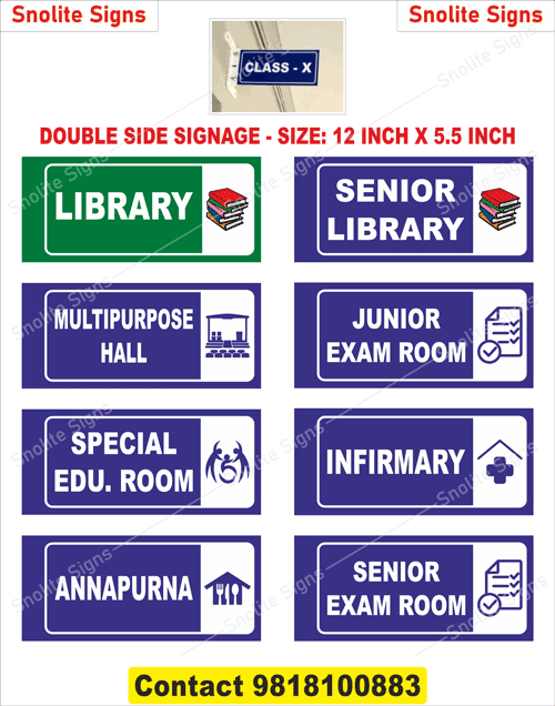 Double-sided hanging Name plates for school list of school sign boards, Library door sign board, Exam room signage, School infirmary sign, Multipurpose hall name plate, School building directional signs, School room name plates