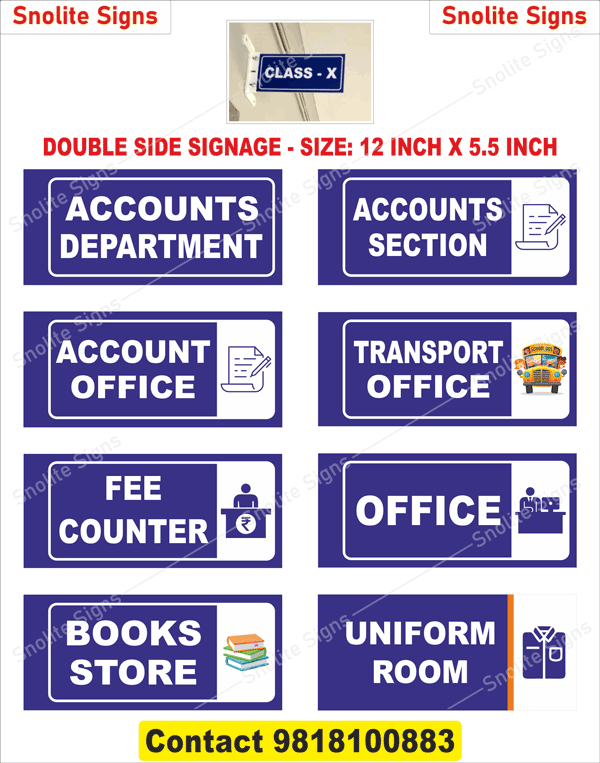 Double Sided School Corridor Signs, Mathematics Laboratory Sign Board, Composite Lab Sign Board, Accounts Section Board for Office, Accounts Department Sign Board, Transport Office Sign Board Online, Fee Counter Sign Board Acrylic