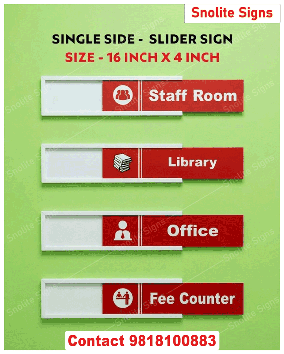 Buy Acrylic School Slider Signs, Durable Plastic Sliding Room Nameplates, Order Custom Acrylic School Signage, High-Quality Pvc Sliding Door Plates, Buy Single and Double Side Slider Sign Board Online, Buy Sliding Sign Boards in Delhi