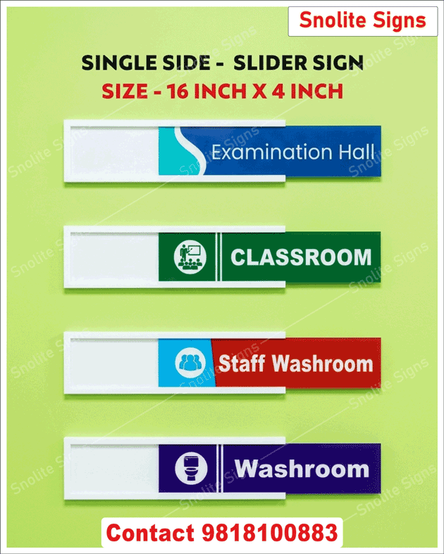 Buy Acrylic Door Slider Signs Changing Message Slider Signs in Delhi NCR, Best Price Aluminium Sliding Nameplates, Sliding Classroom Door Name Plate, U-Shape Sliding Name Plate Holder, School Office Sliding Status Sign In/Out