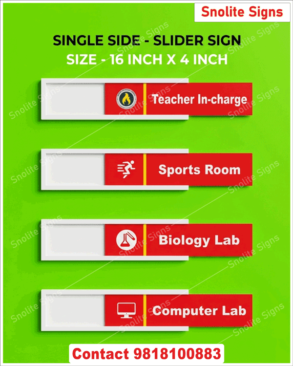 Purchase Modern Acrylic Sliding Door Sign With Clear Insert Window, Manufacturer of School Signs School Desk Name Tags & School Name Plates School Signboard, School Vinyl Glow Sign Board Manufacturers, Designs Both Side Signage